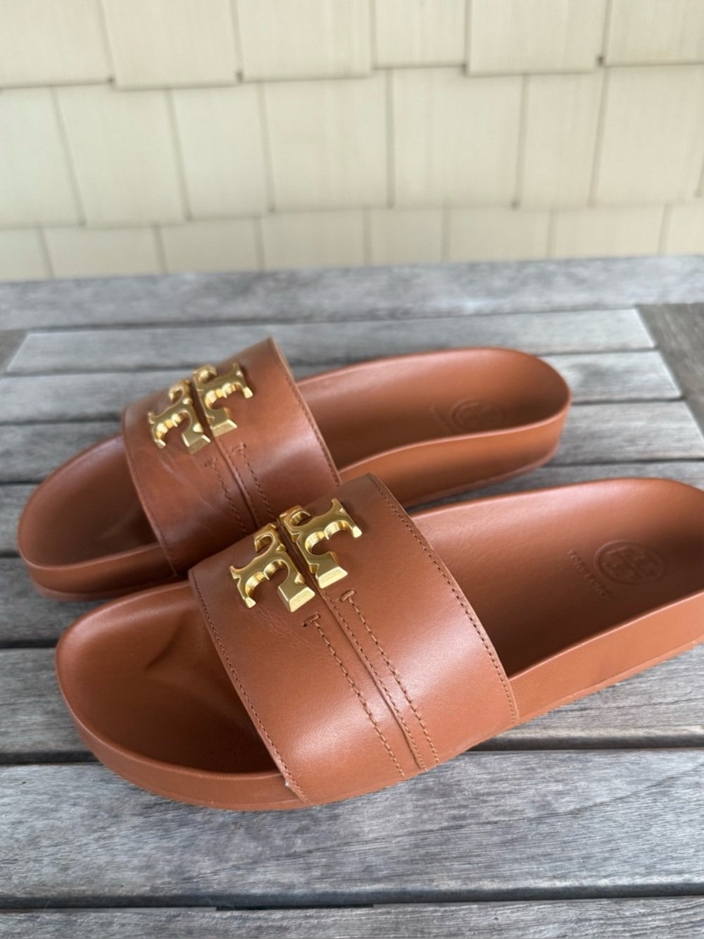 Tory Burch Everly Leather Slides Sandals Brown Gold Logo Size 6.5